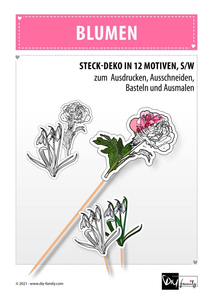 Blumen – Steck-Deko zum Ausdrucken, Ausmalen und Ausschneiden