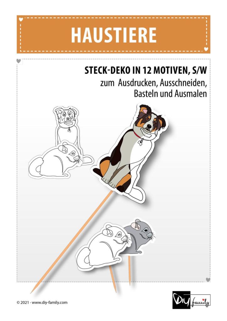 Haustiere – Steck-Deko zum Ausdrucken, Ausmalen und Ausschneiden