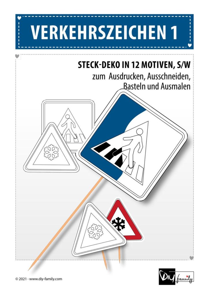Verkehrszeichen 1 – Steck-Deko zum Ausdrucken, Ausmalen und Ausschneiden