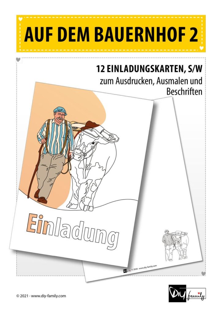 Bauernhof 2 – Einladungskarten zum Ausmalen