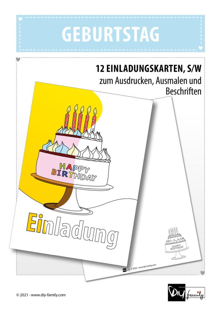 Geburtstag – Einladungskarten zum Ausmalen