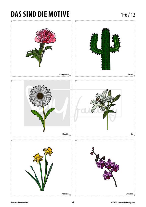 Blumen – Lesezeichen zum Ausdrucken, Ausmalen und Basteln