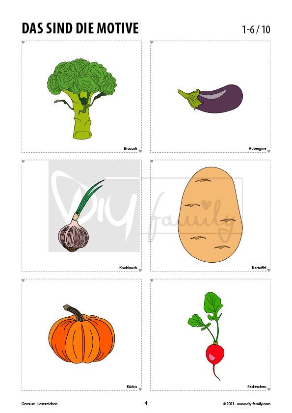 Gemüse – Lesezeichen zum Ausdrucken, Ausmalen und Basteln