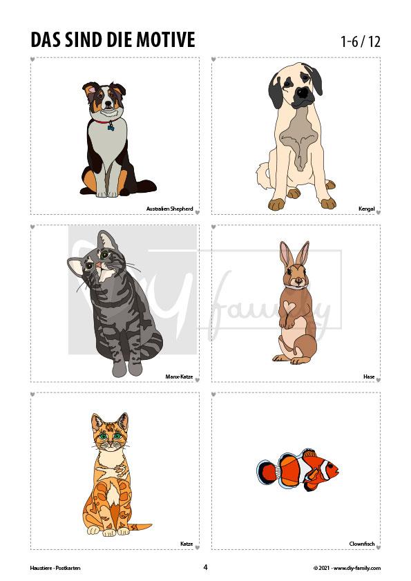 Haustiere – Postkarten zum Ausschneiden und Ausmalen