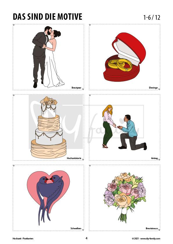 Hochzeit – Postkarten zum Ausschneiden und Ausmalen