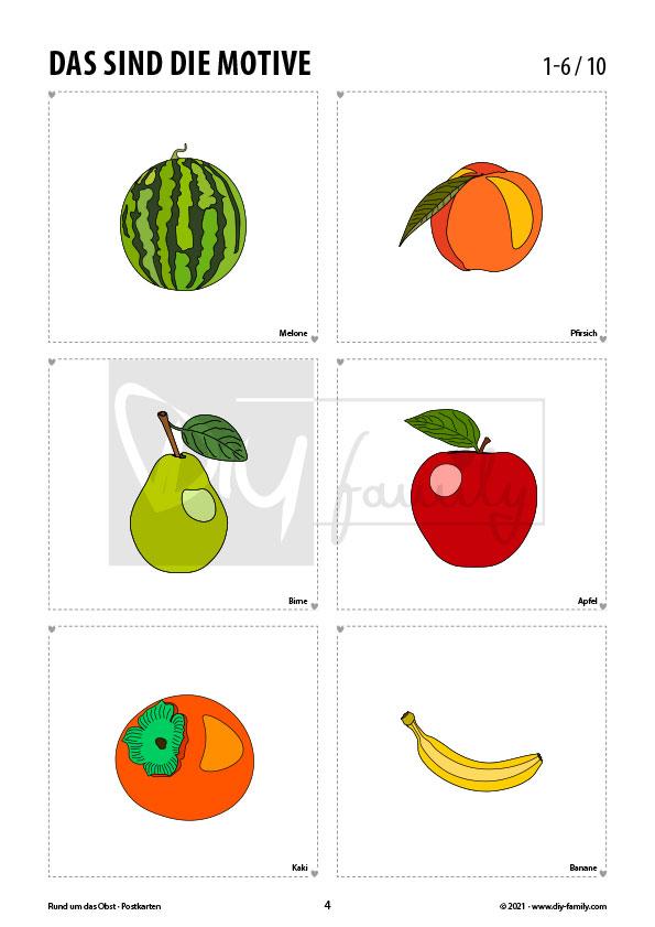 Rund um das Obst – Postkarten zum Ausschneiden und Ausmalen