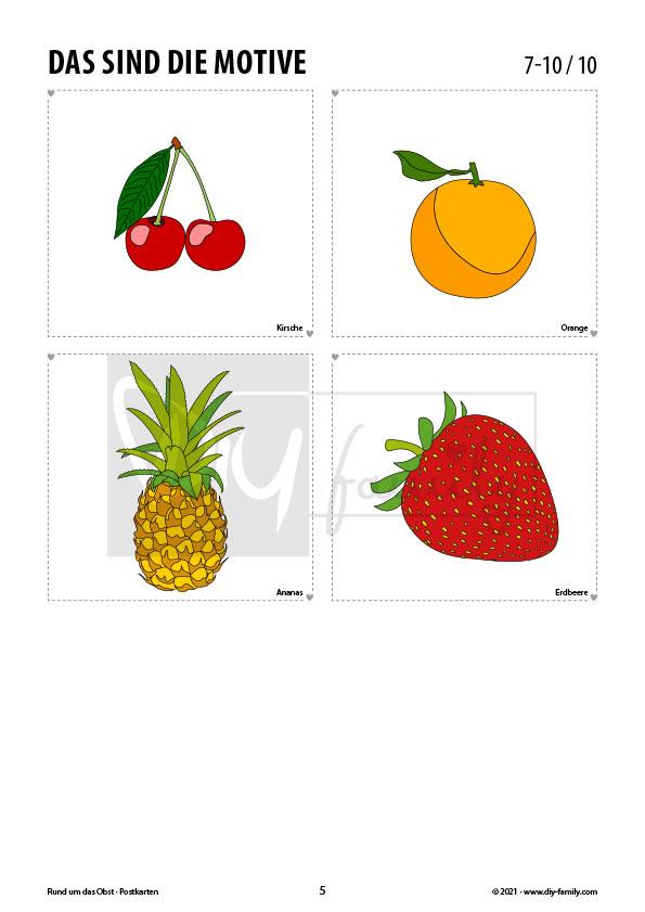 Rund um das Obst – Postkarten zum Ausschneiden und Ausmalen