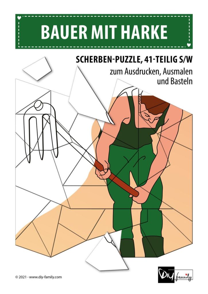 Bauer mit Harke – Scherben-Puzzle zum Ausdrucken, Ausschneiden und Ausmalen