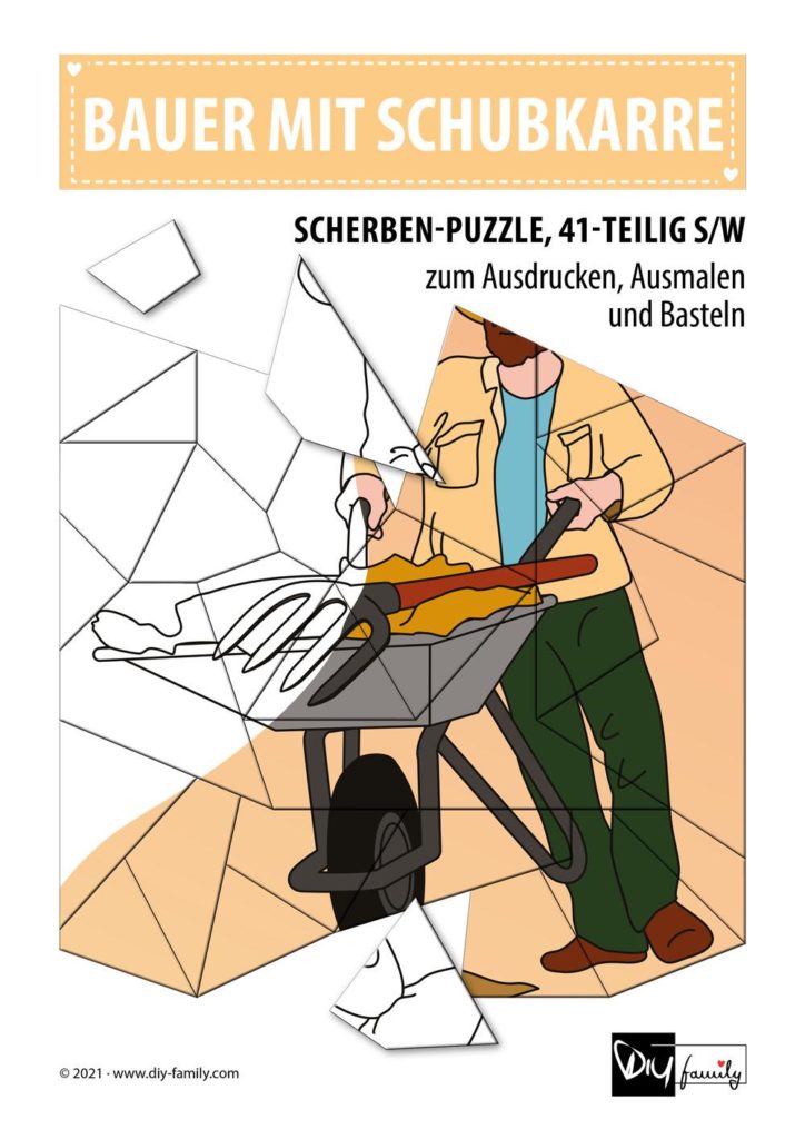 Bauer mit Schubkarre – Scherben-Puzzle zum Ausdrucken, Ausschneiden und Ausmalen