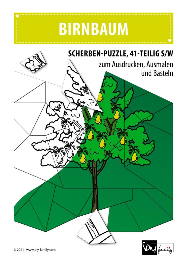 Birnbaum – Scherben-Puzzle zum Ausdrucken, Ausschneiden und Ausmalen