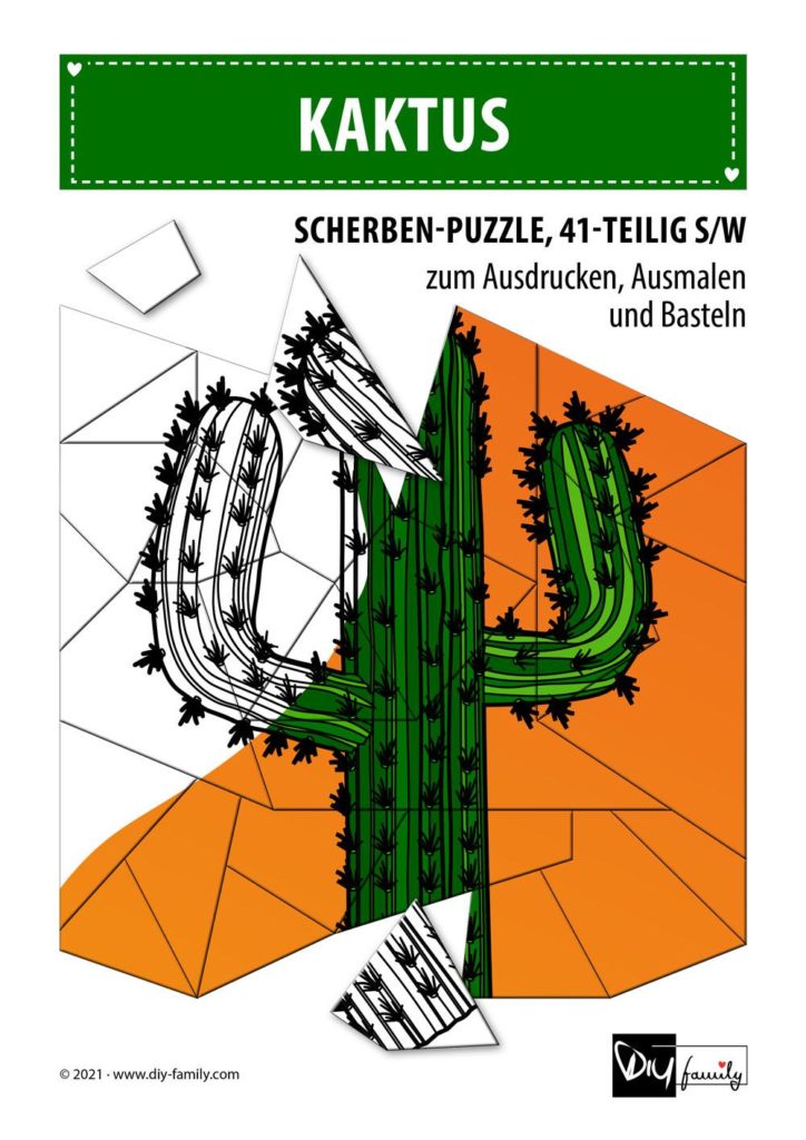 Kaktus – Scherben-Puzzle zum Ausdrucken, Ausschneiden und Ausmalen