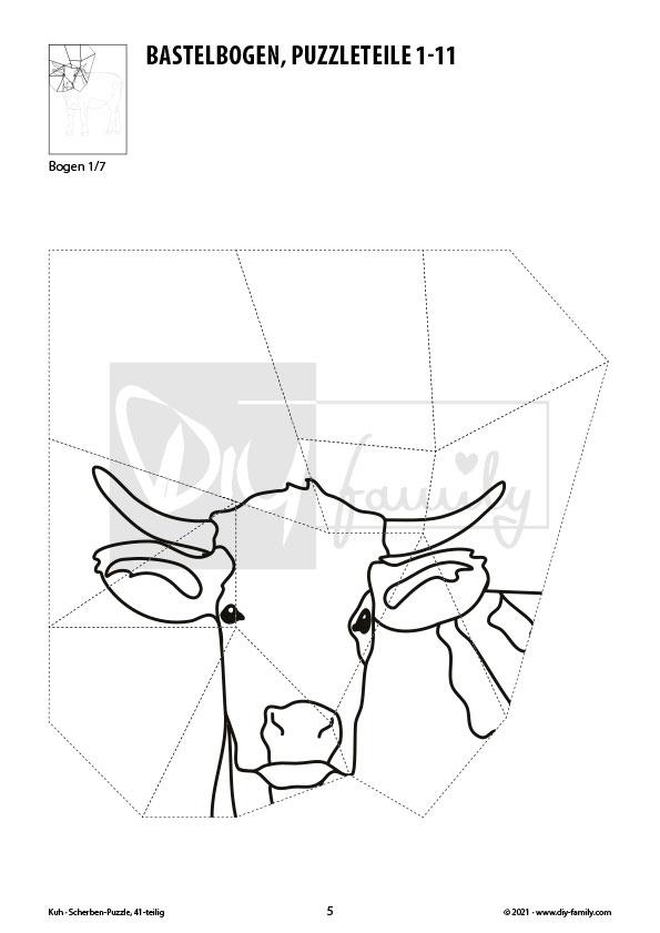 Kuh – Scherben-Puzzle zum Ausdrucken, Ausschneiden und Ausmalen