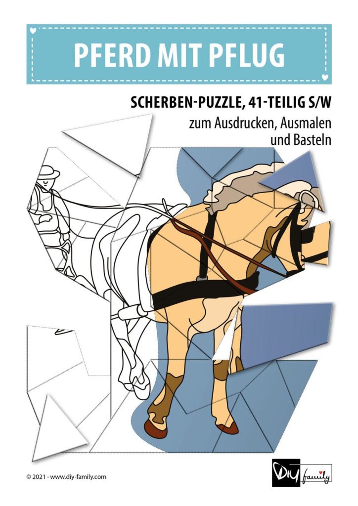 Pferd mit Pflug – Scherben-Puzzle zum Ausdrucken, Ausschneiden und Ausmalen