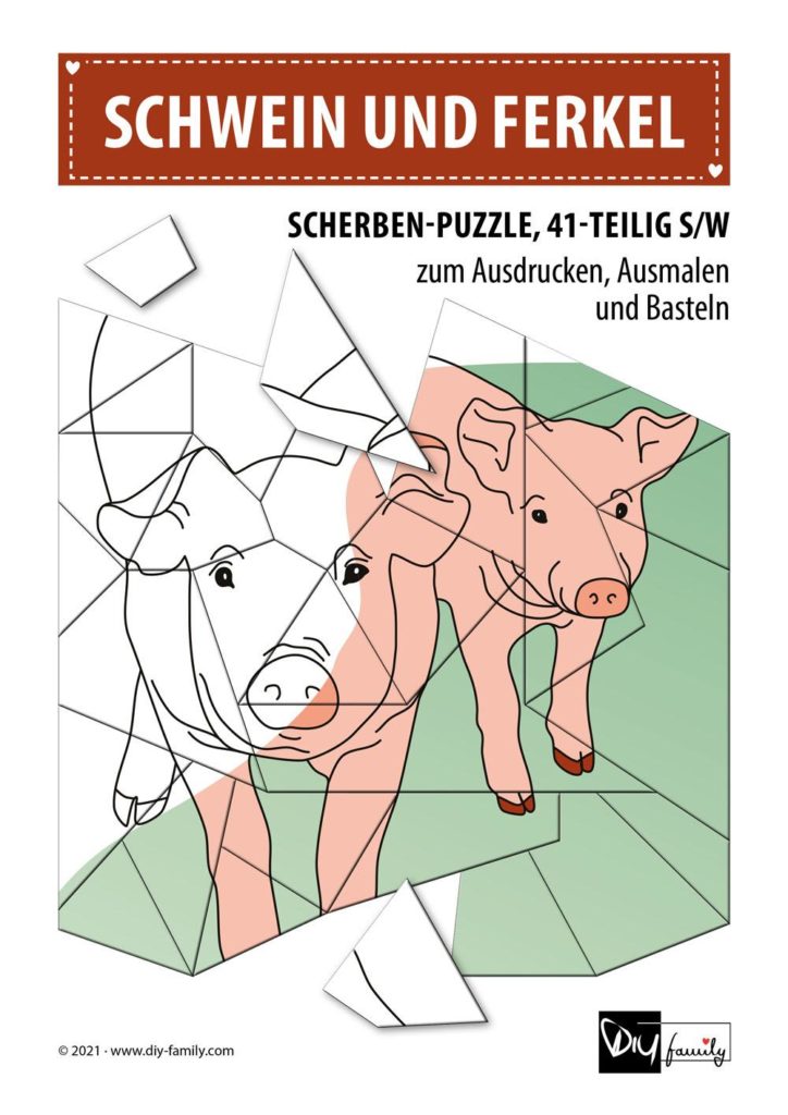 Schwein und Ferkel – Scherben-Puzzle zum Ausdrucken, Ausschneiden und Ausmalen