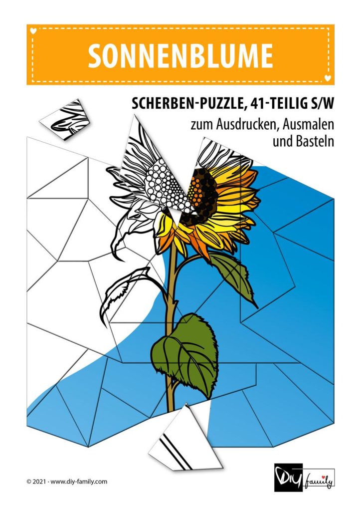 Sonnenblume – Scherben-Puzzle zum Ausdrucken, Ausschneiden und Ausmalen