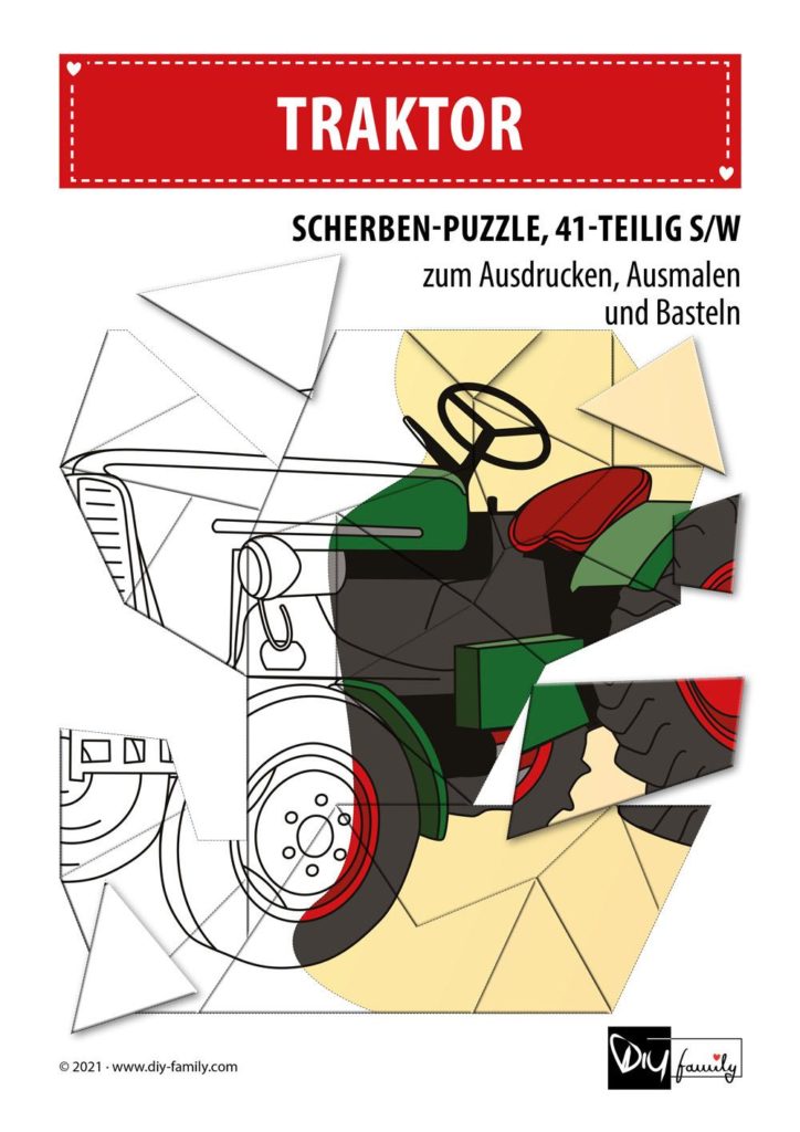 Traktor – Scherben-Puzzle zum Ausdrucken, Ausschneiden und Ausmalen