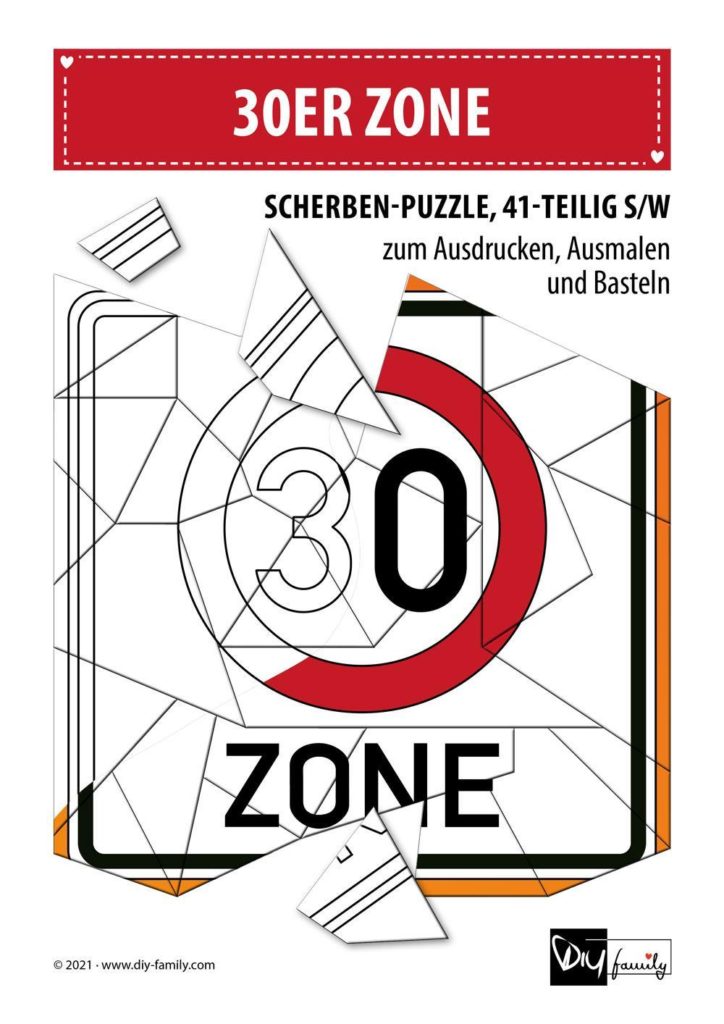 30er Zone – Scherben-Puzzle zum Ausdrucken, Ausschneiden und Ausmalen