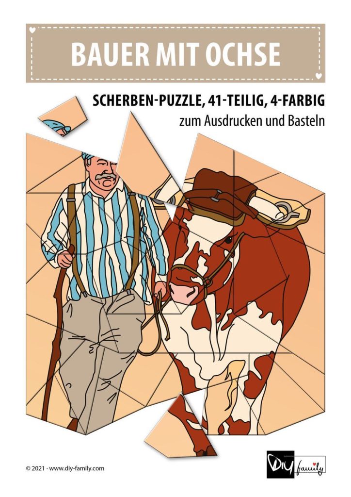 Bauer mit Ochse – Scherben-Puzzle zum Ausdrucken, Ausschneiden