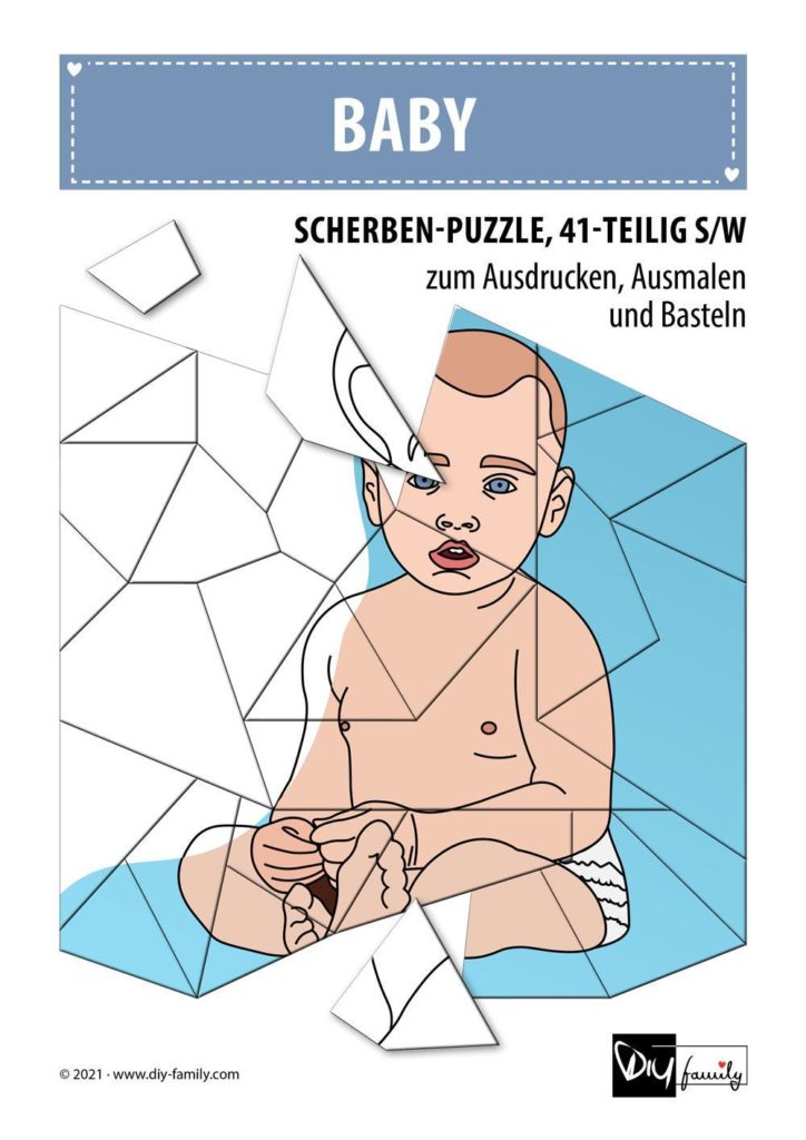 Baby – Scherben-Puzzle zum Ausdrucken, Ausschneiden und Ausmalen