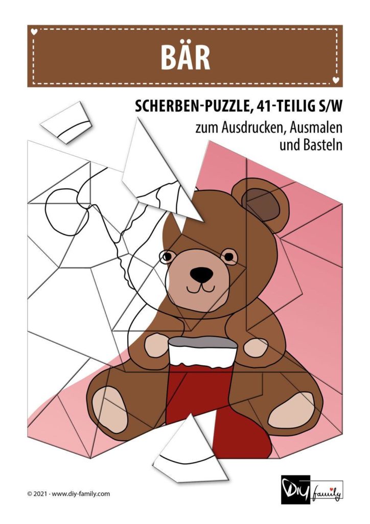 Bär – Scherben-Puzzle zum Ausdrucken, Ausschneiden und Ausmalen