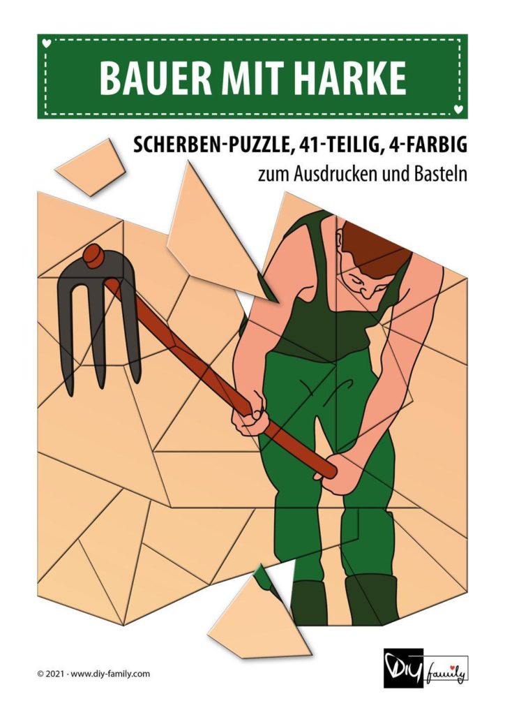 Bauer mit Harke – Scherben-Puzzle zum Ausdrucken und Ausschneiden