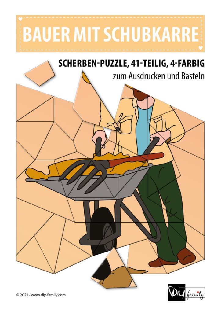 Bauer mit Schubkarre – Scherben-Puzzle zum Ausdrucken und Ausschneiden