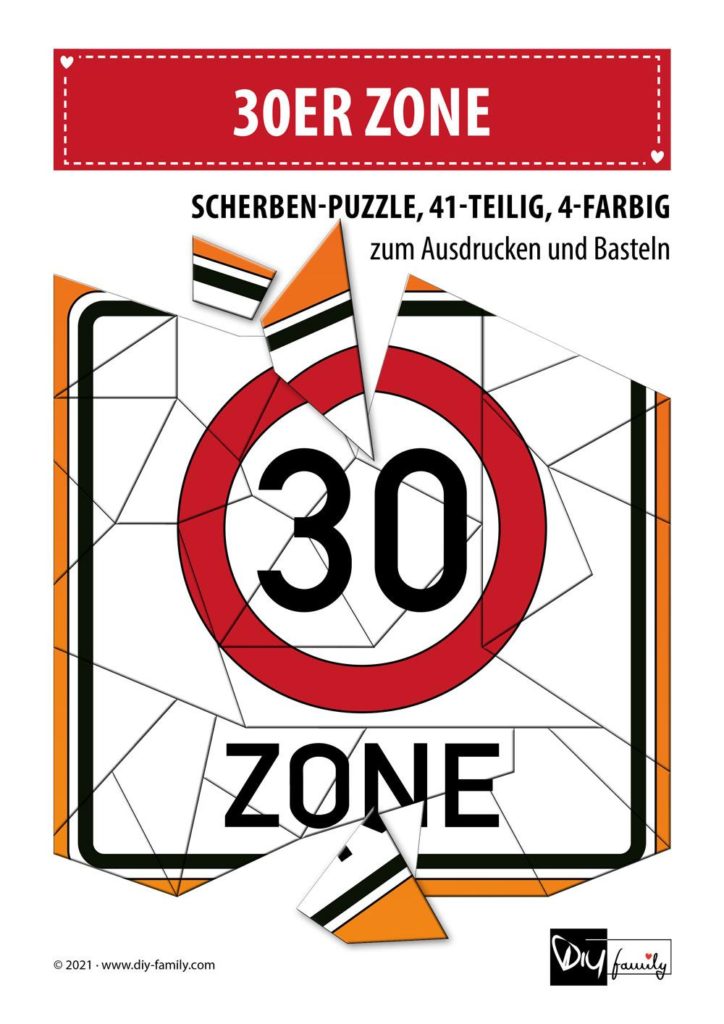 30er Zone – Scherben-Puzzle zum Ausdrucken und Ausschneiden