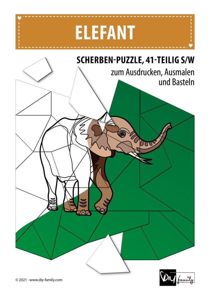 Elefant – Scherben-Puzzle zum Ausdrucken, Ausschneiden und Ausmalen