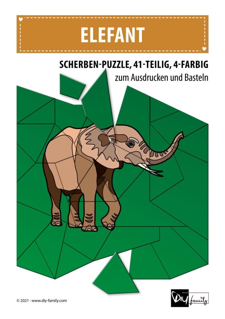 Elefant – Scherben-Puzzle zum Ausdrucken und Ausschneiden