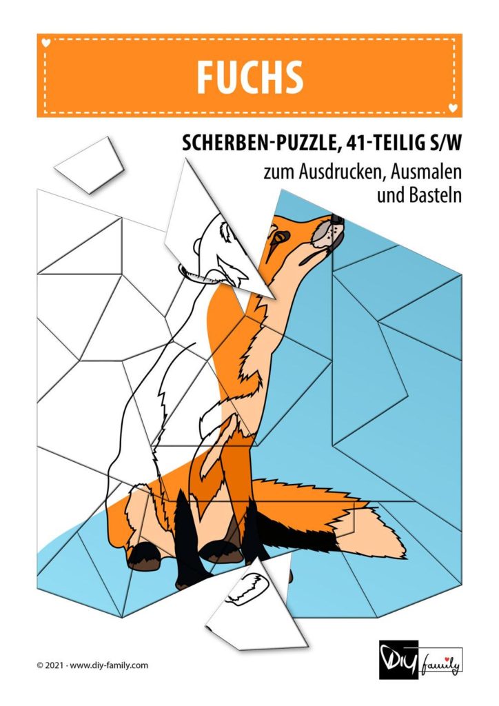 Fuchs – Scherben-Puzzle zum Ausdrucken, Ausschneiden und Ausmalen