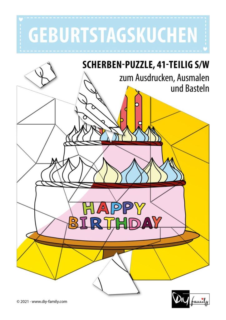 Geburtstagskuchen – Scherben-Puzzle zum Ausdrucken, Ausschneiden und Ausmalen