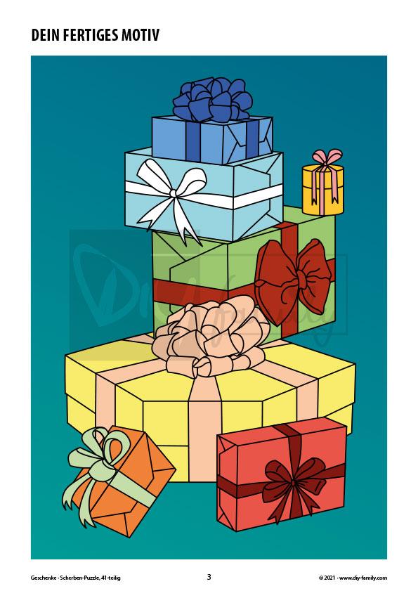 Geschenke – Scherben-Puzzle zum Ausdrucken, Ausschneiden und Ausmalen