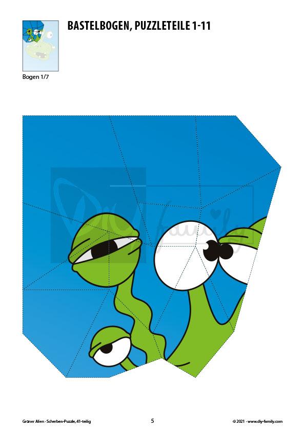 Grüner Alien – Scherben-Puzzle zum Ausdrucken und Ausschneiden