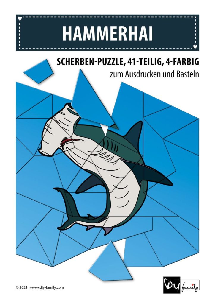 Hammerhai – Scherben-Puzzle zum Ausdrucken und Ausschneiden