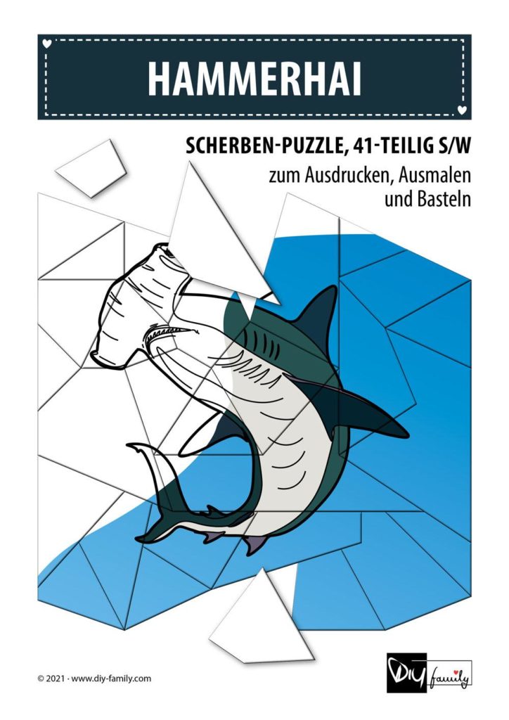 Hammerhai – Scherben-Puzzle zum Ausdrucken, Ausschneiden und Ausmalen