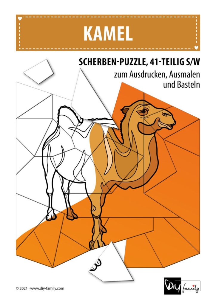 Kamel – Scherben-Puzzle zum Ausdrucken, Ausschneiden und Ausmalen