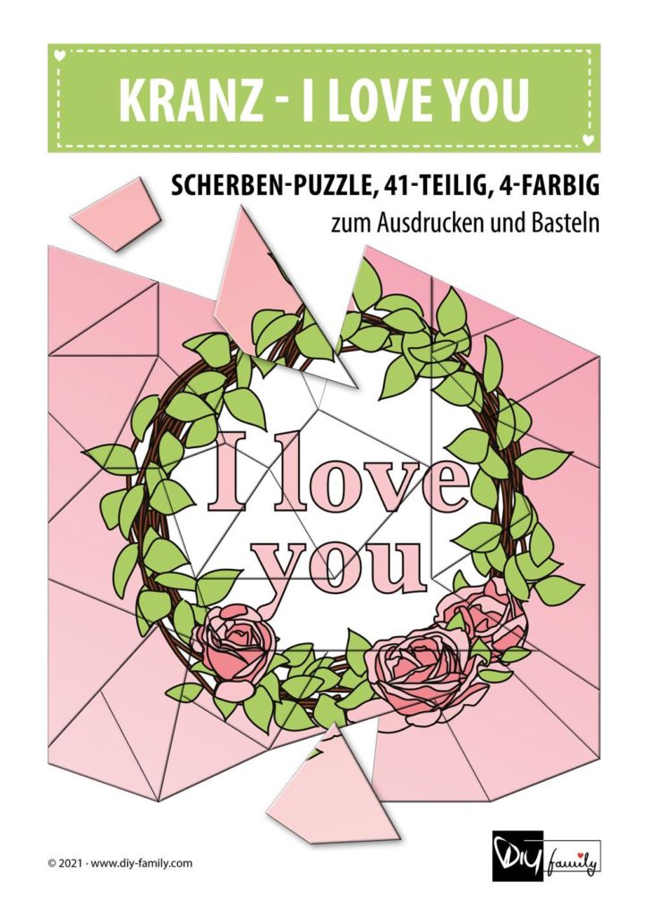Kranz I Love You – Scherben-Puzzle zum Ausdrucken und Ausschneiden