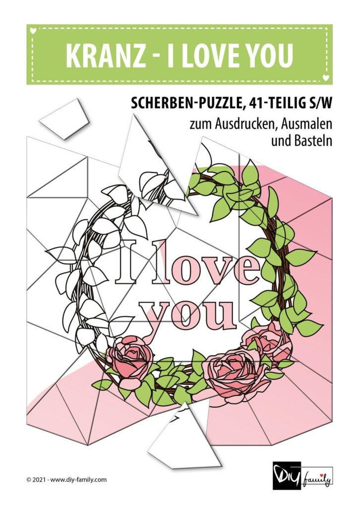 Kranz “I Love You” – Scherben-Puzzle zum Ausdrucken, Ausschneiden und Ausmalen