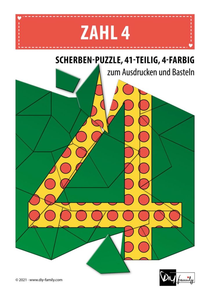 Gepunktete Zahlen 4 – Scherben-Puzzle zum Ausdrucken und Ausschneiden