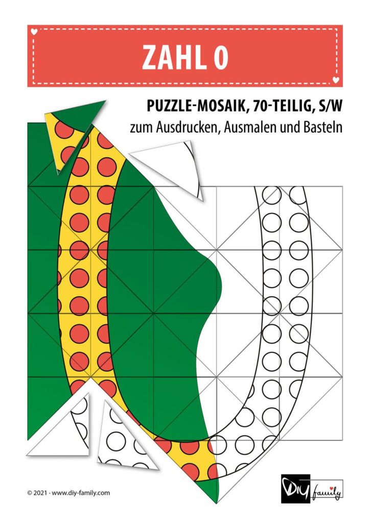 Gepunktete Zahlen 0 – Mosaikpuzzle zum Ausschneiden und Ausmalen