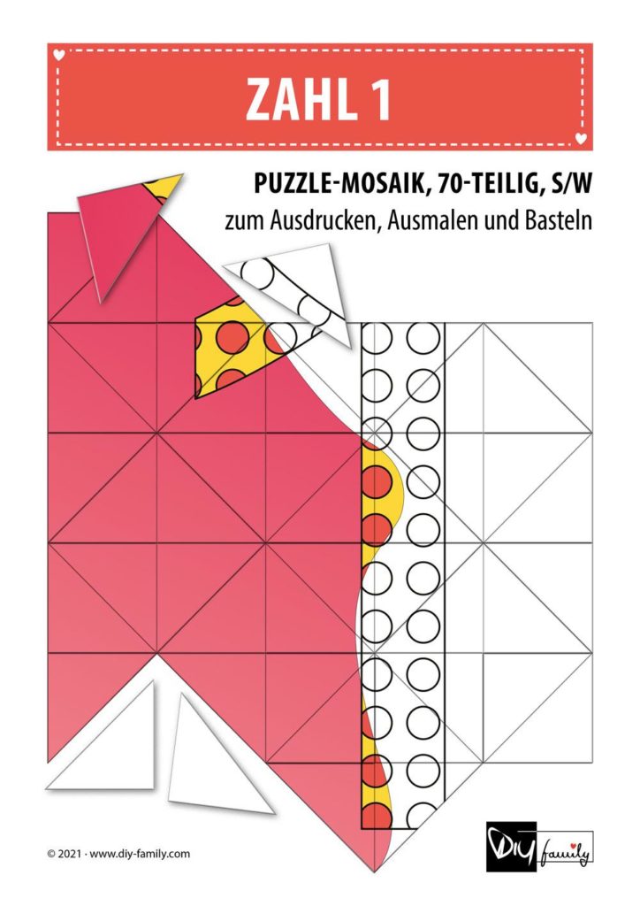 Gepunktete Zahlen 1 – Mosaikpuzzle zum Ausschneiden und Ausmalen