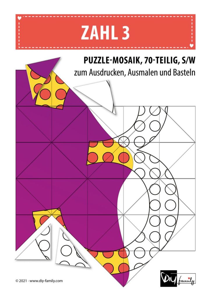 Gepunktete Zahlen 3 – Mosaikpuzzle zum Ausschneiden und Ausmalen