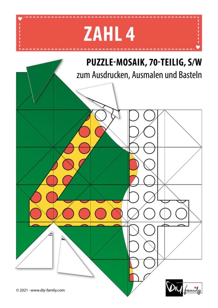 Gepunktete Zahlen 4 – Mosaikpuzzle zum Ausschneiden und Ausmalen
