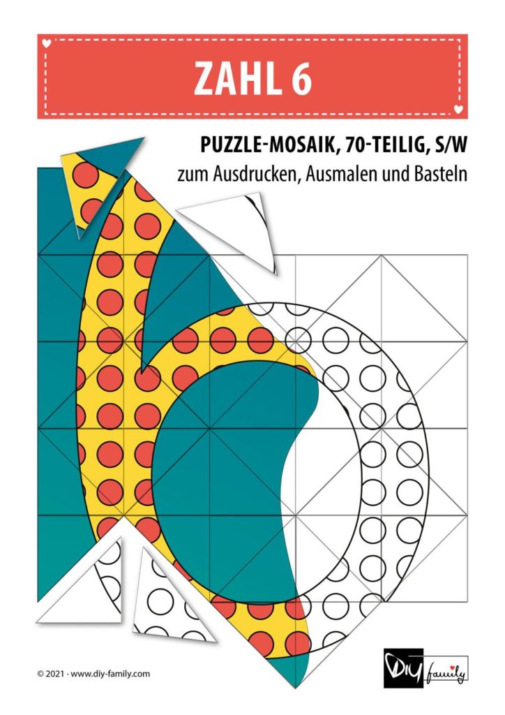 Gepunktete Zahlen 6 – Mosaikpuzzle zum Ausschneiden und Ausmalen