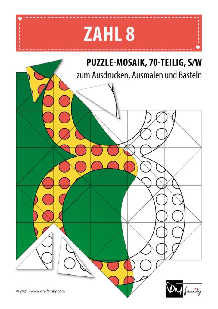 Gepunktete Zahlen 8 – Mosaikpuzzle zum Ausschneiden und Ausmalen