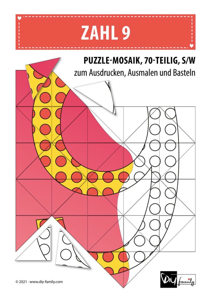 Gepunktete Zahlen 9 – Mosaikpuzzle zum Ausschneiden und Ausmalen