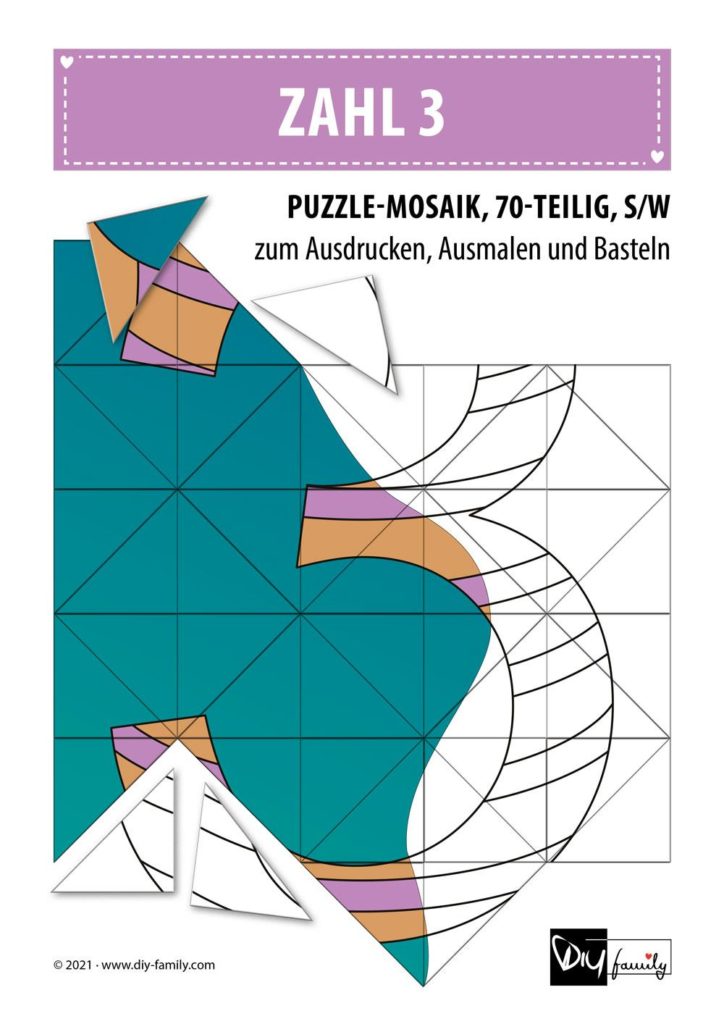 Gestreifte Zahlen 3 – Mosaikpuzzle zum Ausschneiden und Ausmalen