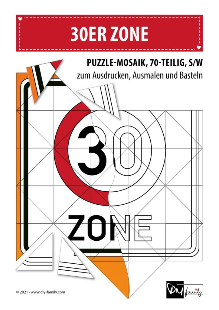 30er Zone – Mosaikpuzzle zum Ausschneiden und Ausmalen