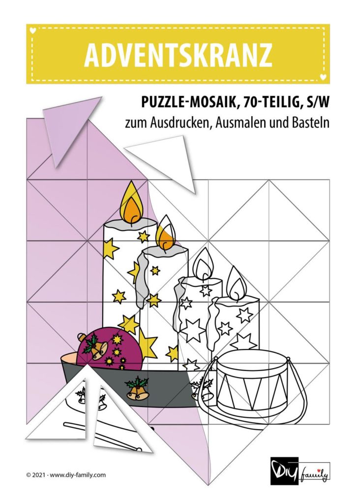Adventskranz – Mosaikpuzzle zum Ausschneiden und Ausmalen