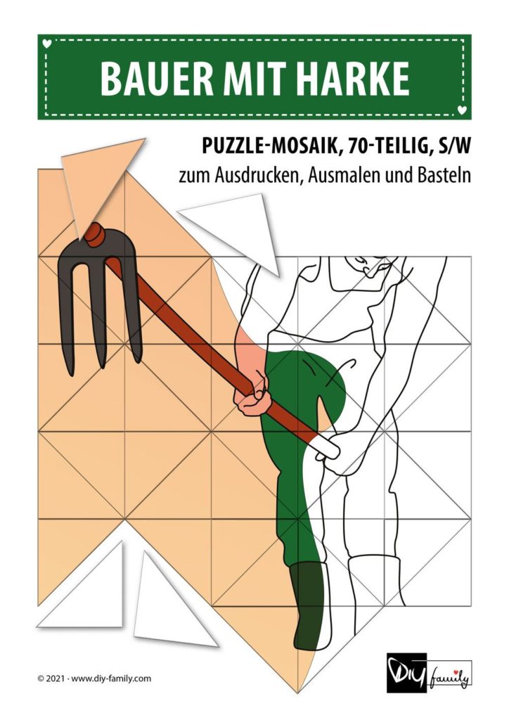 Bauer mit Harke – Mosaikpuzzle zum Ausschneiden und Ausmalen